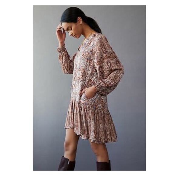 Anthropologie Brown Print Sabia Flounced Tunic Dress Sz.M - Picture 3 of 16